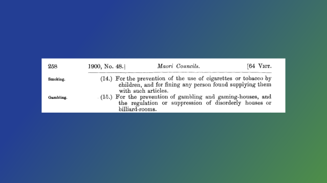 Excerpt from the Māori Councils Act 1900 stating, "For the prevention of the use of cigarettes or tobacco by children, and for fining any person found supplying them with such articles."